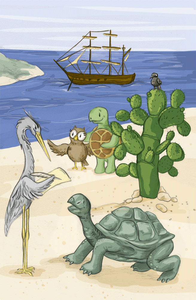 Der Naturforscher Darwin im Gespräch mit einem Einwohner der Galapagos-Inseln.
