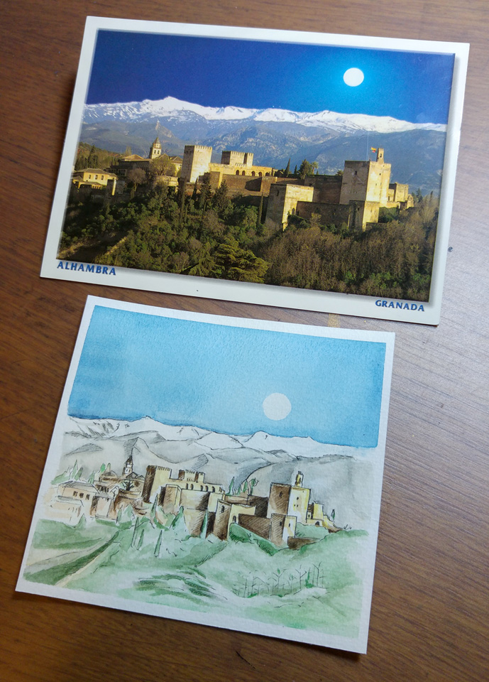 Nochmal zusammen: Postkarte aus Spanien und die Illustration davon.
