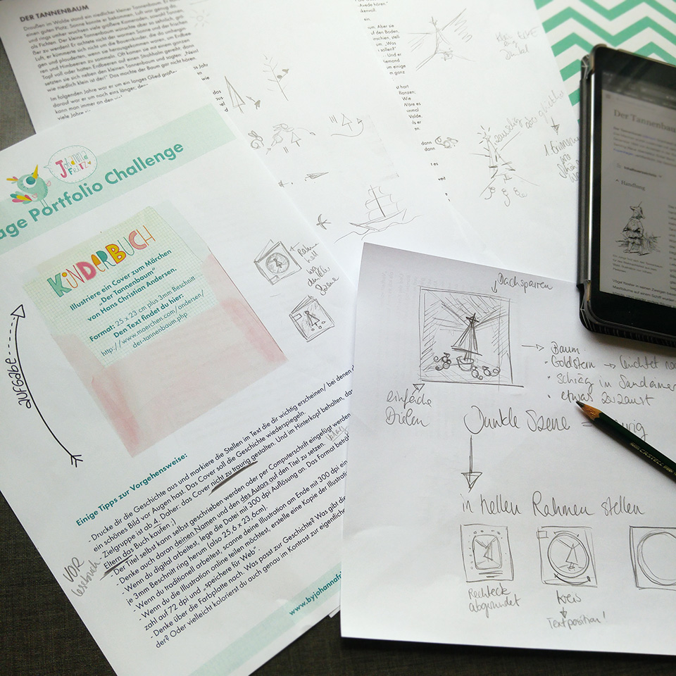 Die Aufgabe -das Briefing- genau studieren und Ideen sammeln, schon mit den ersten Thumbnail Skizzen.
