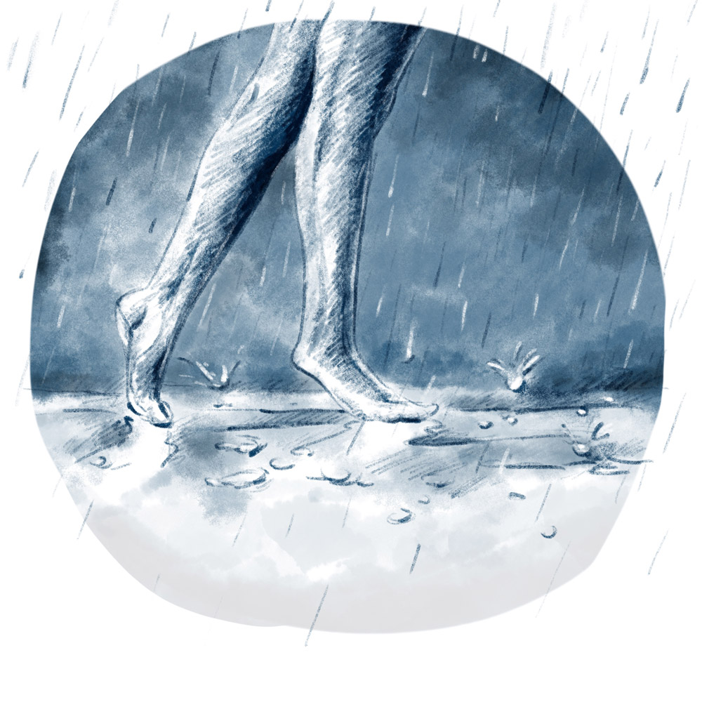 Wenn der Regen mit uns tanzen geht… Illustration von tanzenden Füßen in Pfützen.