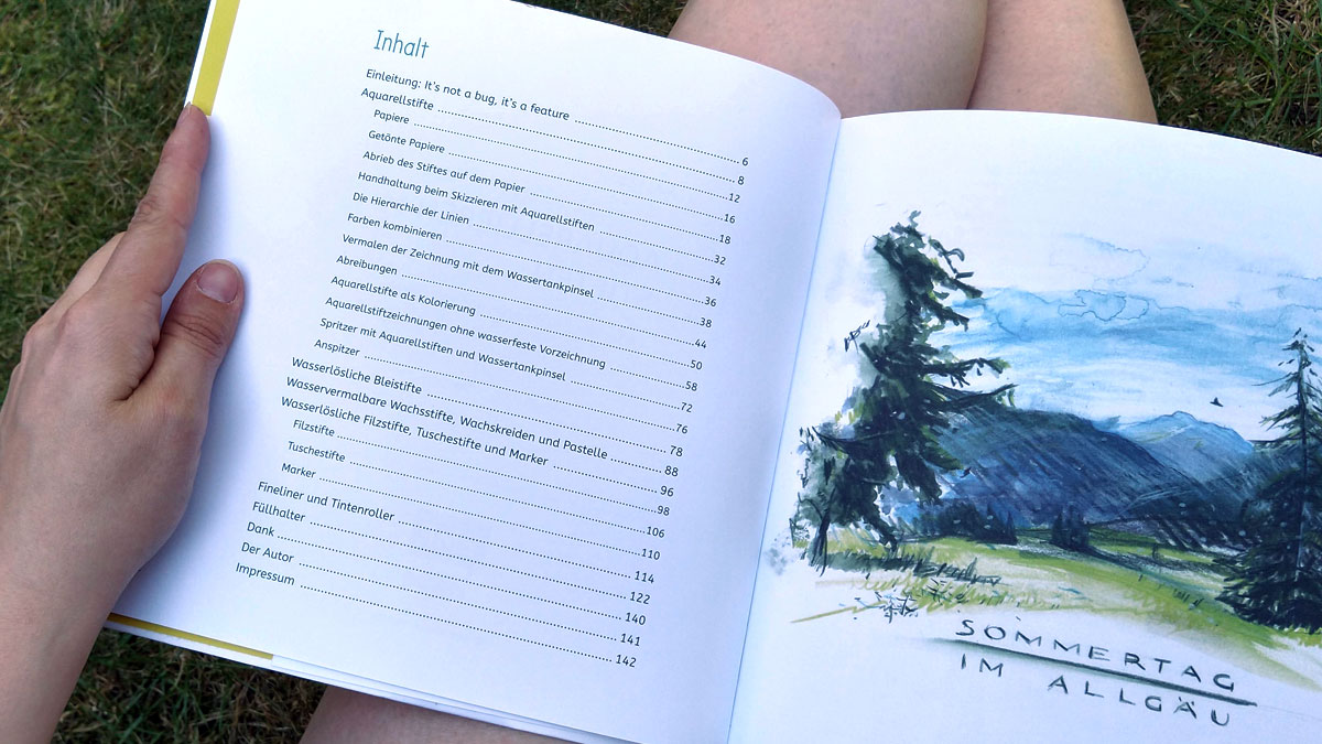 Ein Blick auf das Inhaltsverzeichnis von "Aquarellieren mit Stiften" von Jens Hübner.