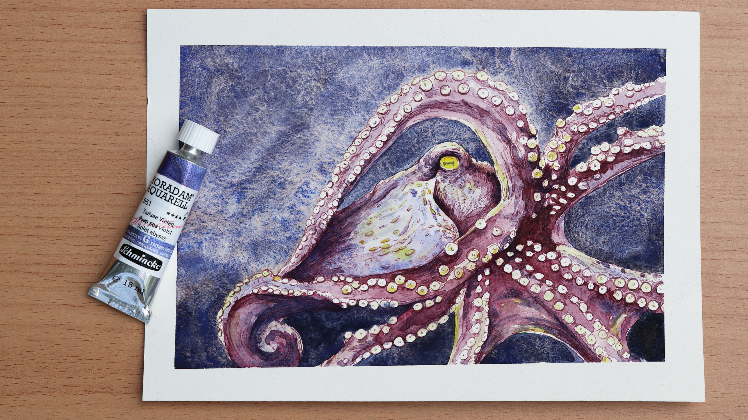 Granulierende Aquarellfarbe – Schmincke Sonderedition: Oktopus mit Horadam Aquarell Supergranulierend Tiefsee Violett (Octupus with Special Edition Supergranulating Deep sea violet)