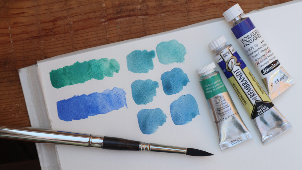 Ein Versuch "Gletscher Blau" zu mischen, da ich diesen Farbton (noch) nicht habe, ergab schöne Farbabstufungen.
