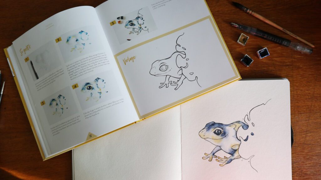 Step-by-Step Anleitungen zum Zeichnen und Kolorieren von Tieren im Stil von Susanne Loose.