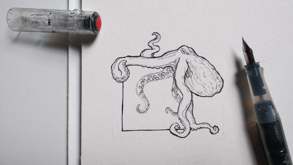 Die Zeichnung eines Oktopus, der sich von aussen an eine quadratische Form anschmiegt. Daneben liegt ein Füller.