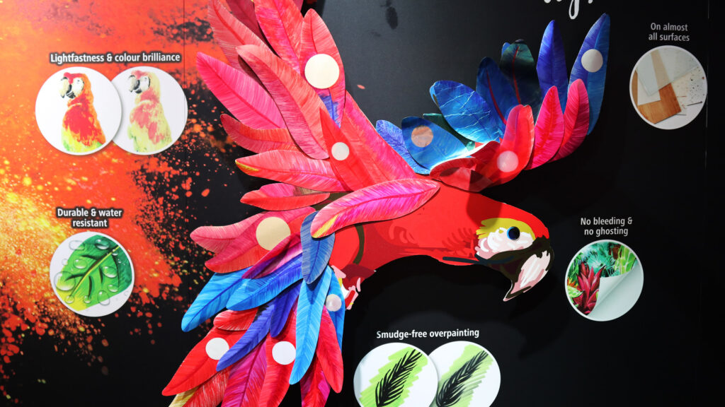 Alle Eigenschaften der Staedtler Pigment Arts Pens auf einem Papagei - unterschiedliches Untergründe wurden dazu bemalt.