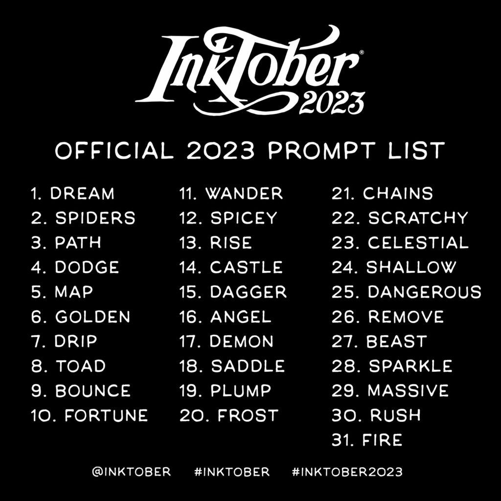 Offizielle Inktober 2023 Prompt-List von Jake Parker.