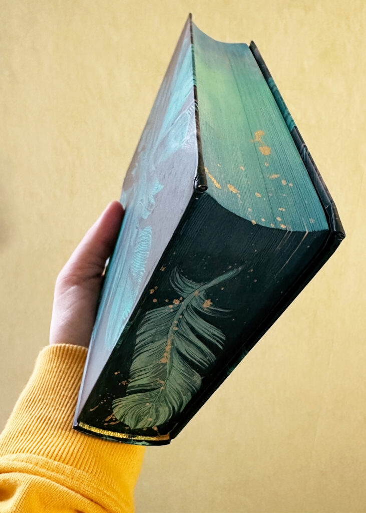 Ich halte das Buch so, dass man Fuß- und Vorderseite mit Farbverlauf, Feder und Goldsprenkeln gut sehen kann.